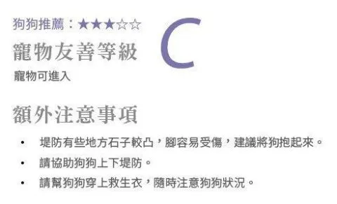 寵物友善等級C是最低等級，代表寵物都可以進入，詳細請參考本網站地點資訊分級說明。